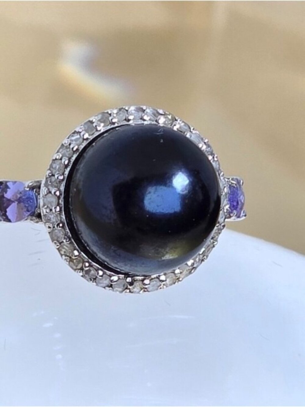 925 Sterling Silver Ring 7.5 with Natural Freshwater Pearl, Diamonds & Tanzanite